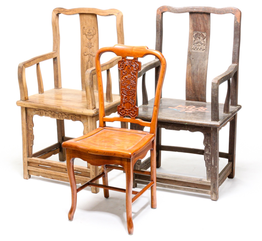 Appraisal: THREE CHINESE CHAIRS Late th- th century elm All have