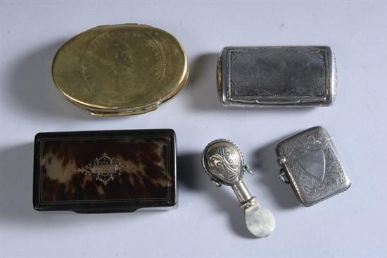 Appraisal: FOUR SNUFF BOXES AND A MATCH CASE Snuff boxes including