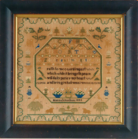 Appraisal: NEEDLEWORK PICTORIAL SAMPLER BY HANNAH BANBAM Colorful sampler has octagon