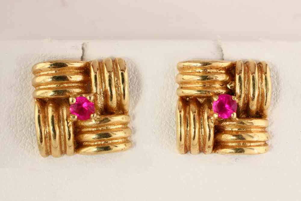 Appraisal: EARRINGS - One pair of K yellow gold and ruby