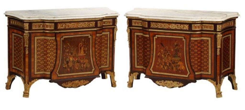 Appraisal: pair Regence style marble-top inlaid cabinets with bronze dore mounts