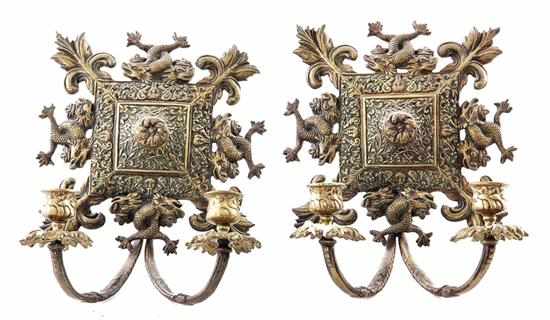 Appraisal: Pair English brass two-light sconces second half th century dolphin-and-acanthus