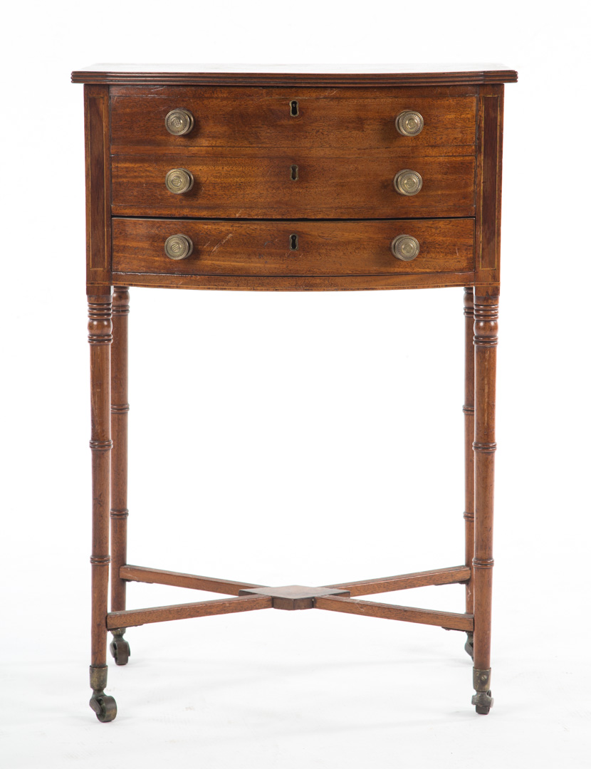 Appraisal: Regency inlaid mahogany lady's worktable circa bowed front compartment enclosed