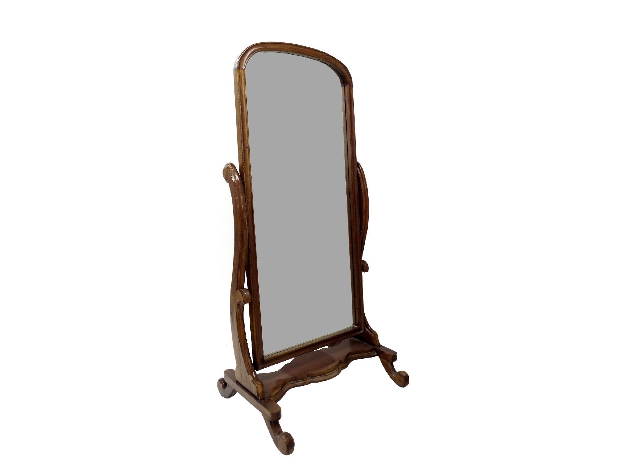 Appraisal: Victorian mahogany cheval mirror with arched bevelled glass plate upon