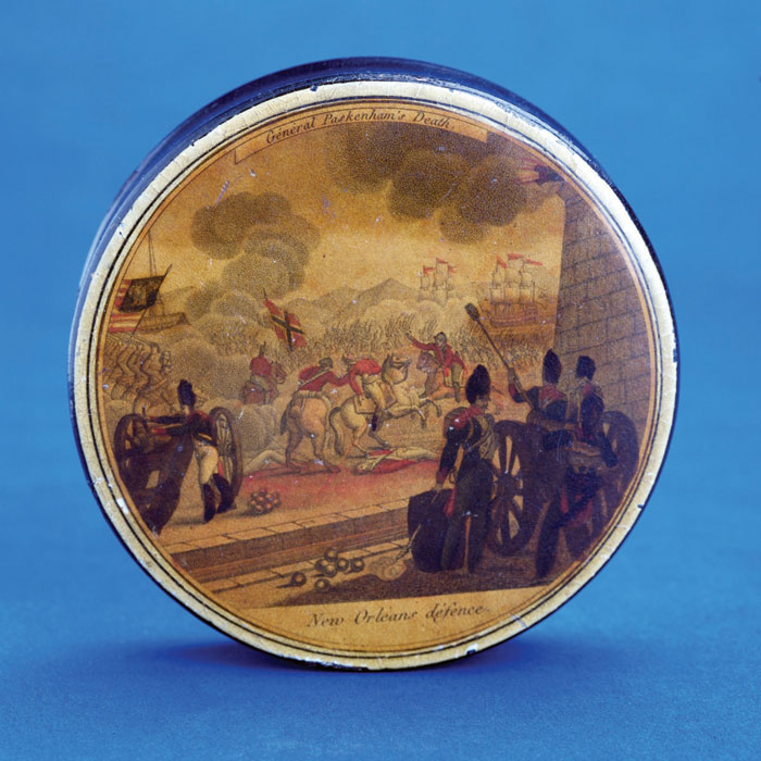 Appraisal: PAPIER MACHE SNUFF BOX WITH HANDCOLORED ENGRAVING quot GENERAL PACKENHAM'S