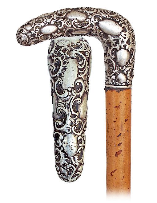 Appraisal: Silver Day Cane -Ca -L-shaped silver handle modeled with pleasing