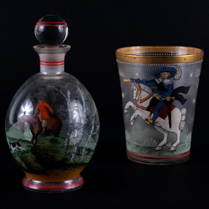 Appraisal: Two Equestrian Themed Enamel Glasswares Comprising a tumbler and a