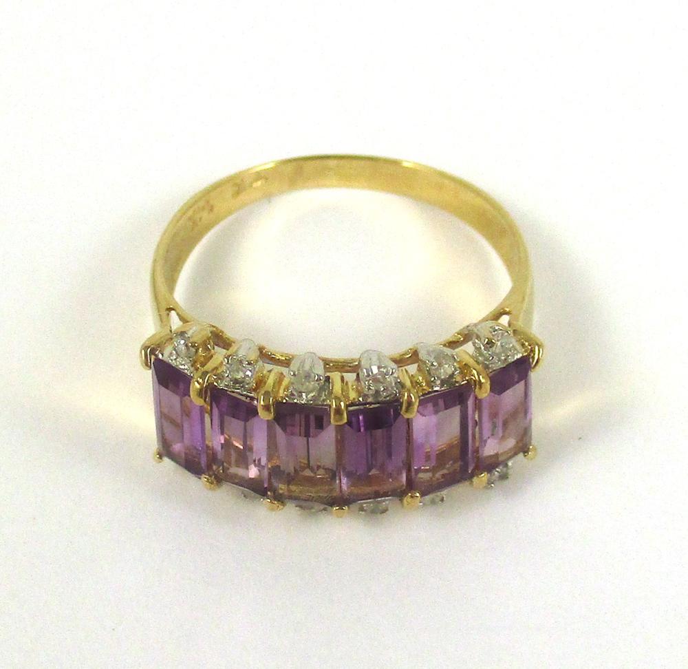 Appraisal: AMETHYST DIAMOND AND FOURTEEN KARAT GOLD RING set with round-cut