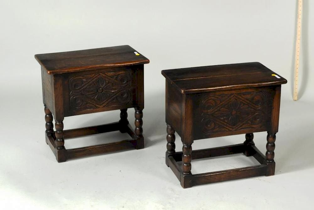 Appraisal: Pair Jacobean Style Carved Oak Box Stools Pair of Jacobean