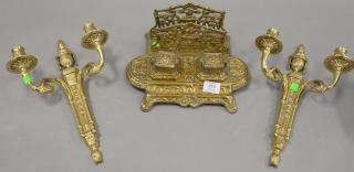 Appraisal: Three heavy brass pieces including a pair of double candle