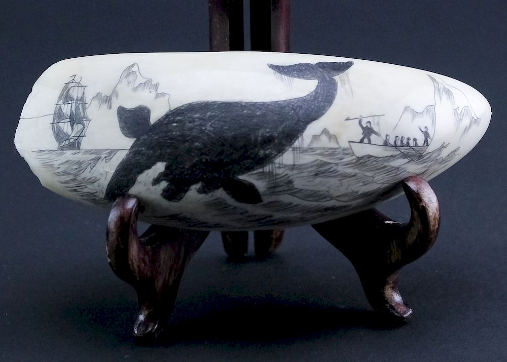 Appraisal: Vintage Whaling Motif Scrimshaw Carved Whale Tooth Vintage carved scrimshaw