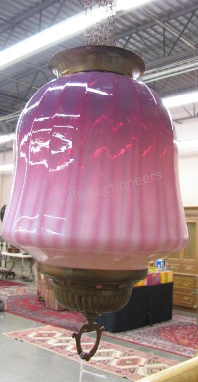 Appraisal: Antique Opalescent Glass Hanging Light Fixture cranberry and white opalescent