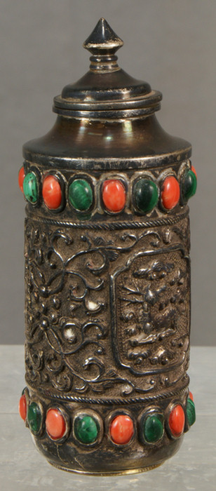 Appraisal: Tibetan snuff bottle in silver mounted with malachite and coral