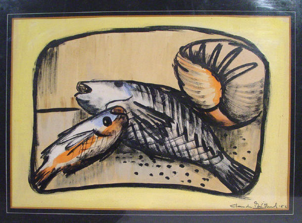 Appraisal: Claude Plithut - Watercolour and oil study of fish on