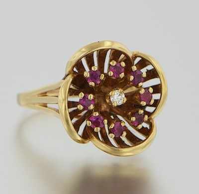 Appraisal: A Ladies' Ruby and Diamond Flower Ring k yellow gold