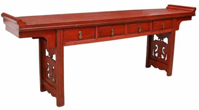 Appraisal: Chinese red lacquer altar table long rectangular top with upturned