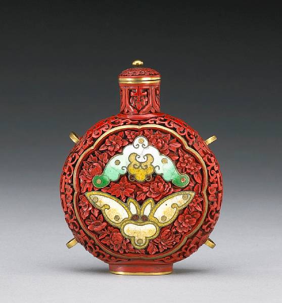 Appraisal: A cinnabar lacquer and cloisonn enamel decorated perfume bottle In