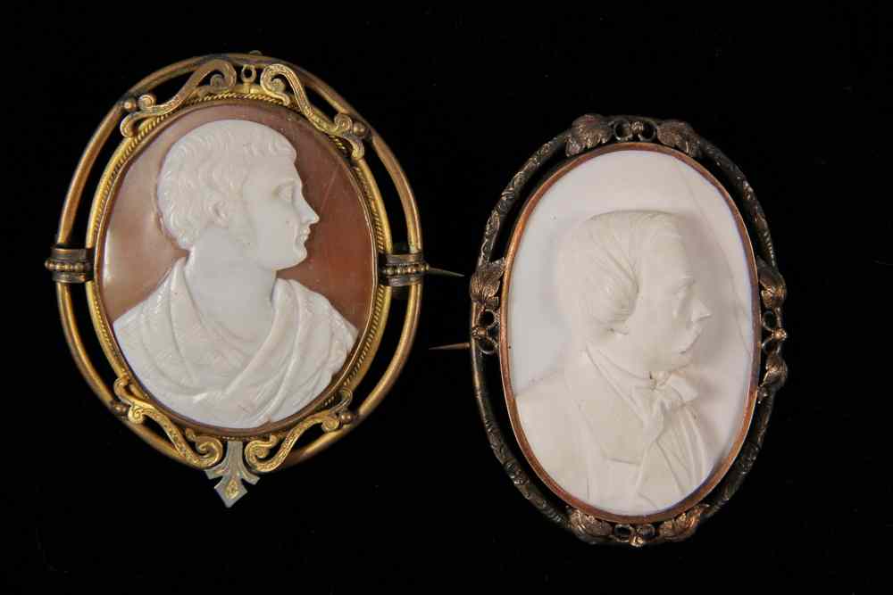 Appraisal: TWO SHELL CAMEO PORTRAITS mounted as brooches portrait of a