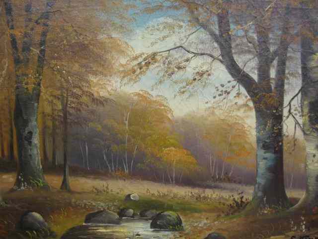 Appraisal: E Henning Oil Autumn landscape on canvas image area ''