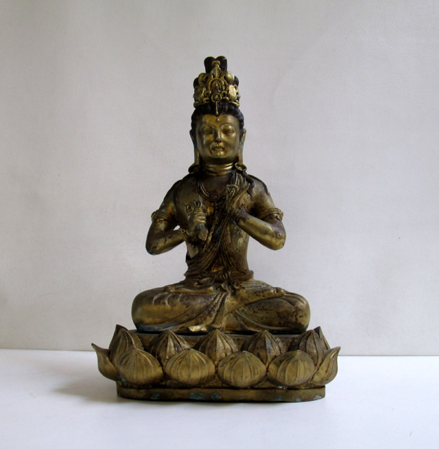 Appraisal: CHINESE GILT BRONZE BODHISATTVA of a seated female in a