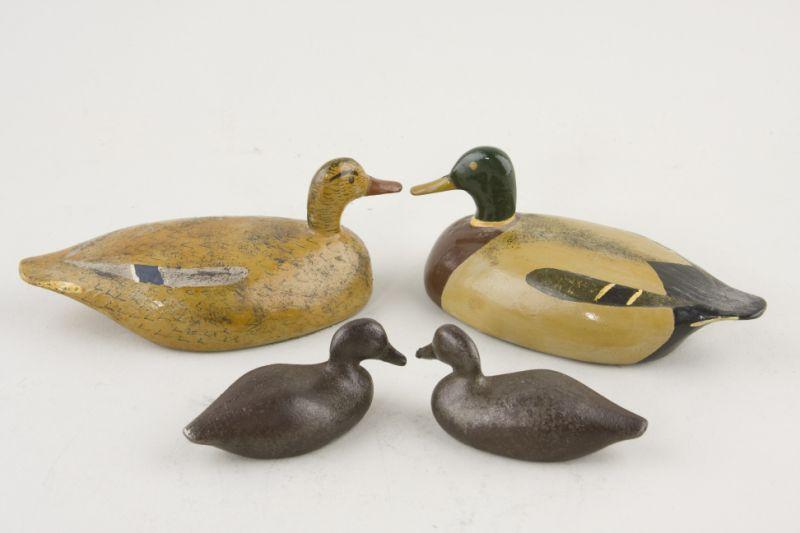 Appraisal: Two Mini Mallard Decoys and Two Cast Iron Ducks the