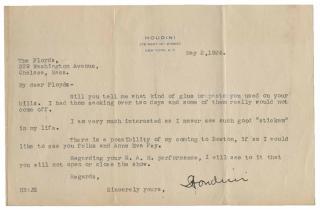 Appraisal: Houdini Harry Ehrich Weisz Typed note from Houdini to Walter