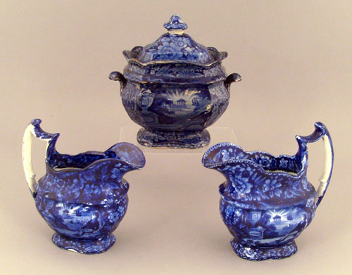 Appraisal: Historical blue Staffordshire covered sugar and creamers th c depicting