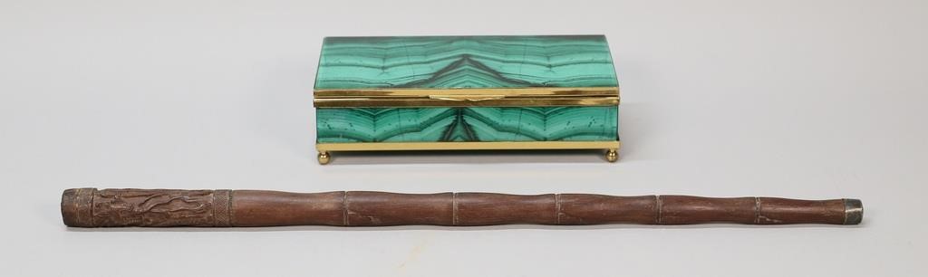 Appraisal: CHINESE STYLE CANE AND FAUX MALACHITE BOXCarved Chinese style short