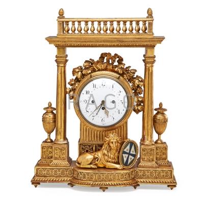 Appraisal: EMPIRE GILDED PORTICO CLOCK Quarter strike calendar dial silk thread