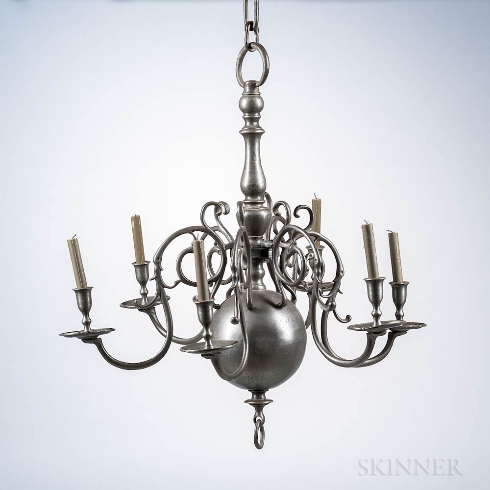 Appraisal: Pewter Six-light Chandelier Pewter Six-light Chandelier th century the scroll