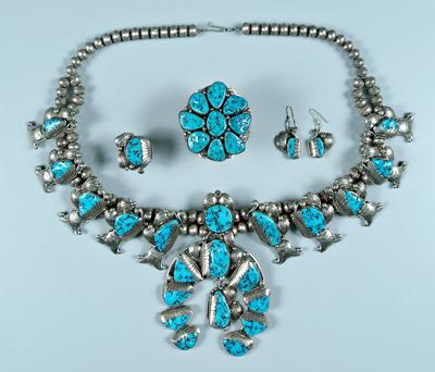 Appraisal: Silver and turquoise jewelry suite necklace with large turquoise nuggets