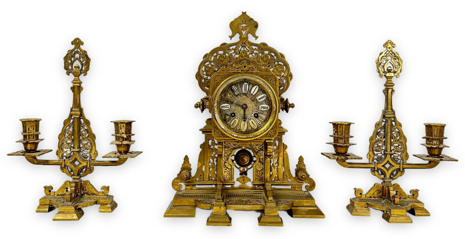 Appraisal: Antique French Brass Mantle Clock w PairOf Candelabras Height Of