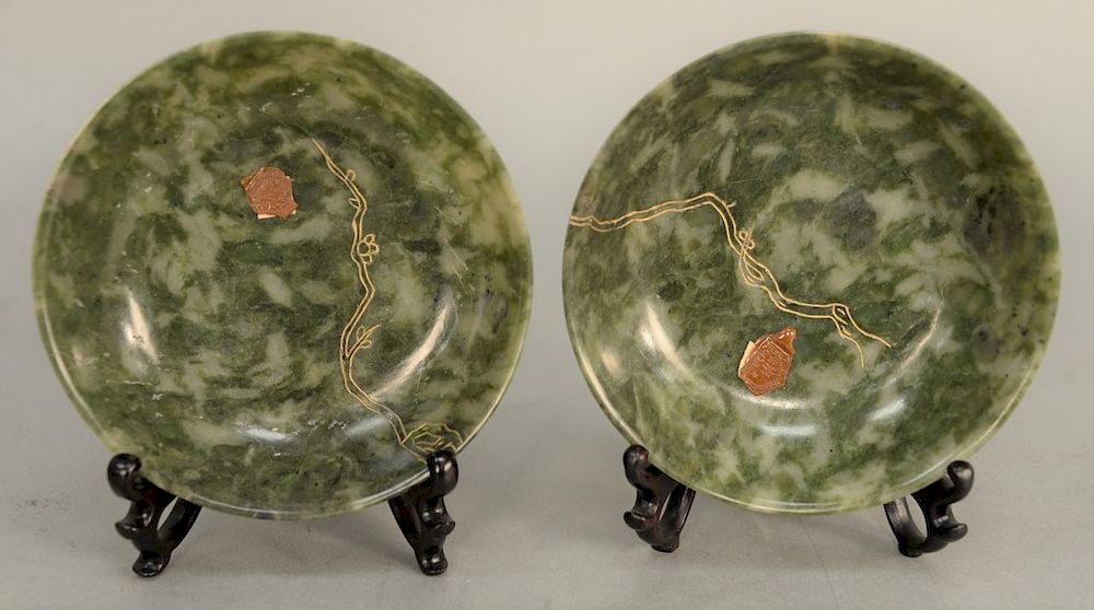 Appraisal: Pair of spinach green jade dishes each having incised gilt