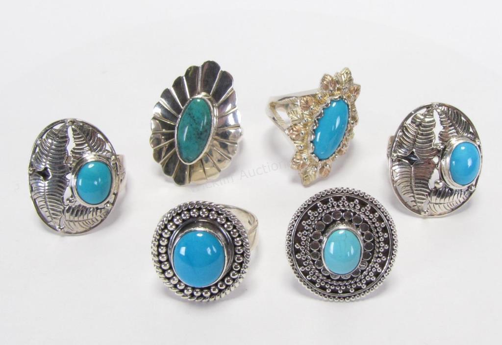 Appraisal: Six sterling silver rings with oval turquoise and turquoise type