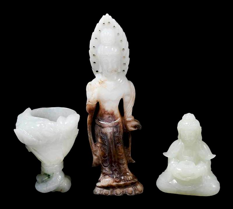 Appraisal: Three Pieces Chinese Hardstone celadon chalice in celadon Buddha in