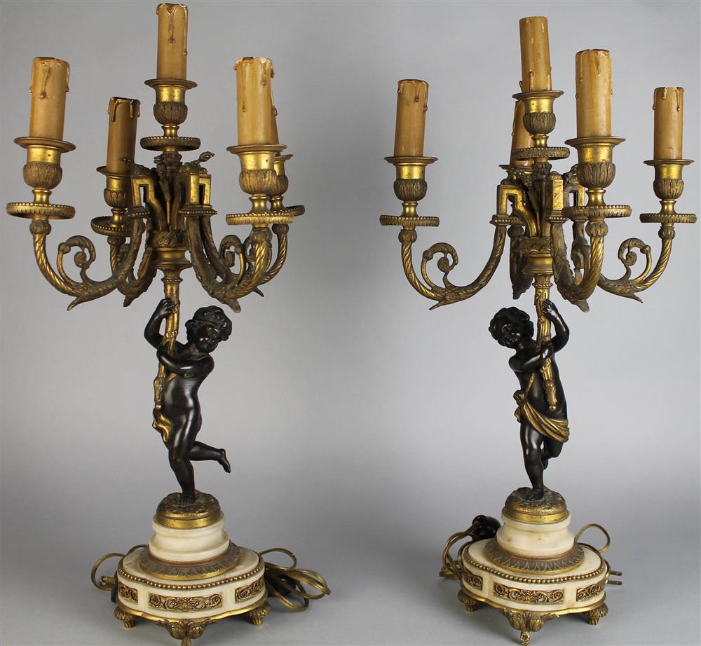 Appraisal: PAIR OF LOUIS XVI STYLE PARCEL-GILT BRONZE CANDELABRA ca impressed