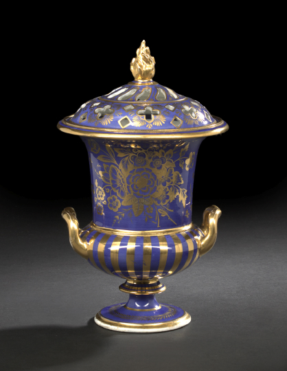 Appraisal: Fine Coalport Porcelain Opulently Gilded Royal Blue-Ground Reticulated Covered Two-Handled