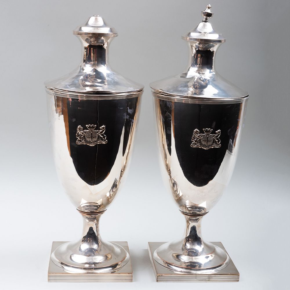 Appraisal: Pair of Large Silver Plate Urns and Covers Each mounted