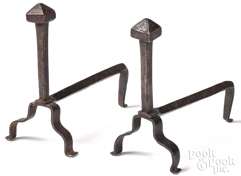 Appraisal: Pair of miniature wrought iron andirons Pairof miniature wrought iron