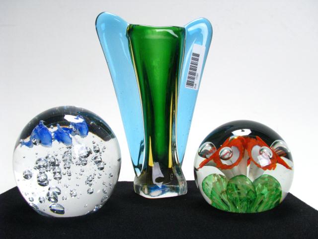 Appraisal: Two Signed Paperweights and Art Glass Vase including '' fish