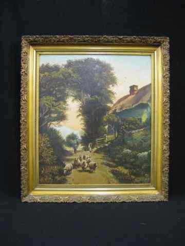 Appraisal: Oil Painting of Shepherdtaking his flock down a country lane