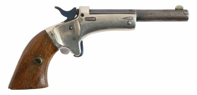 Appraisal: Stevens Tip Up pistol caliber barrel nickel frame hardwood grips