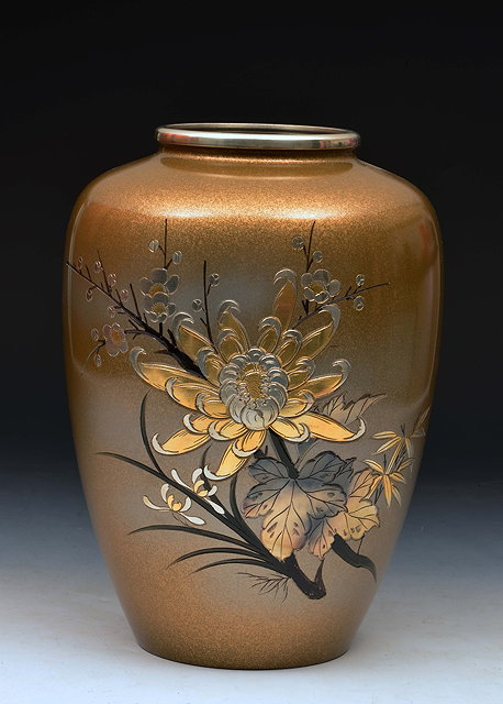 Appraisal: Japanese bronze vasewith gold coloured and silver metal inlaid flower