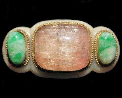 Appraisal: Two jadeite cabochons and one large tourmaline set with gilt