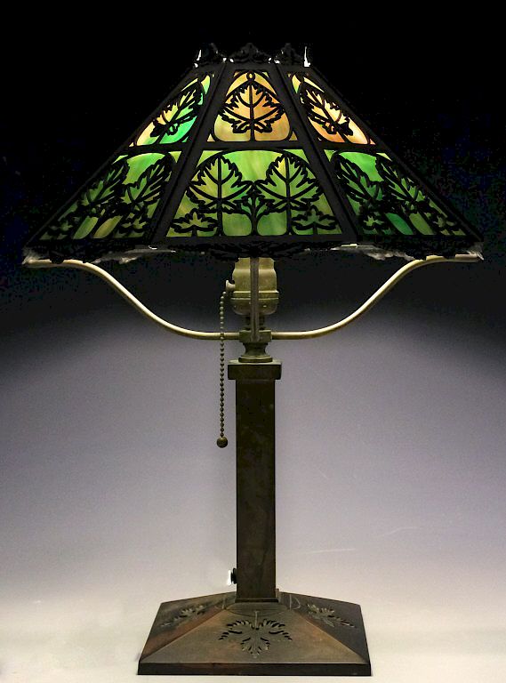 Appraisal: Bradley Hubbard Stained Slag Glass Table Lamp Antique signed Bradley