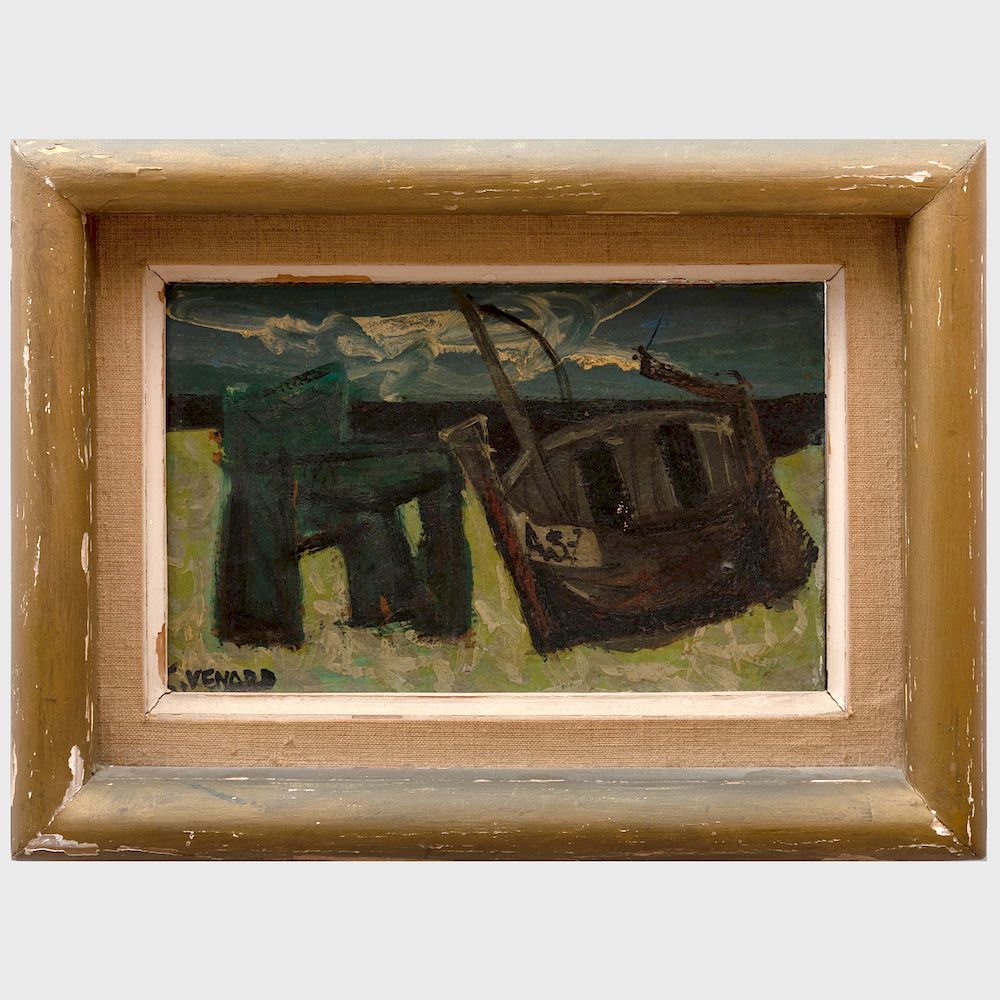 Appraisal: Claude Venard - Chair and Boat on Stormy Beach Oil