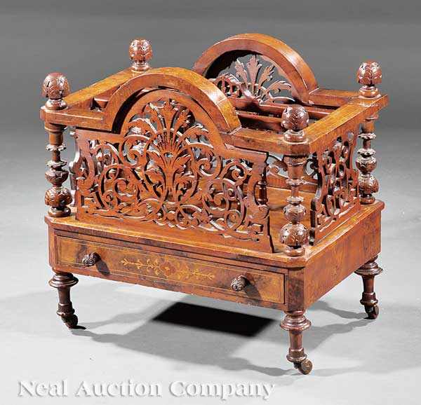 Appraisal: An English Carved Burled and Inlaid Walnut Canterbury mid- th