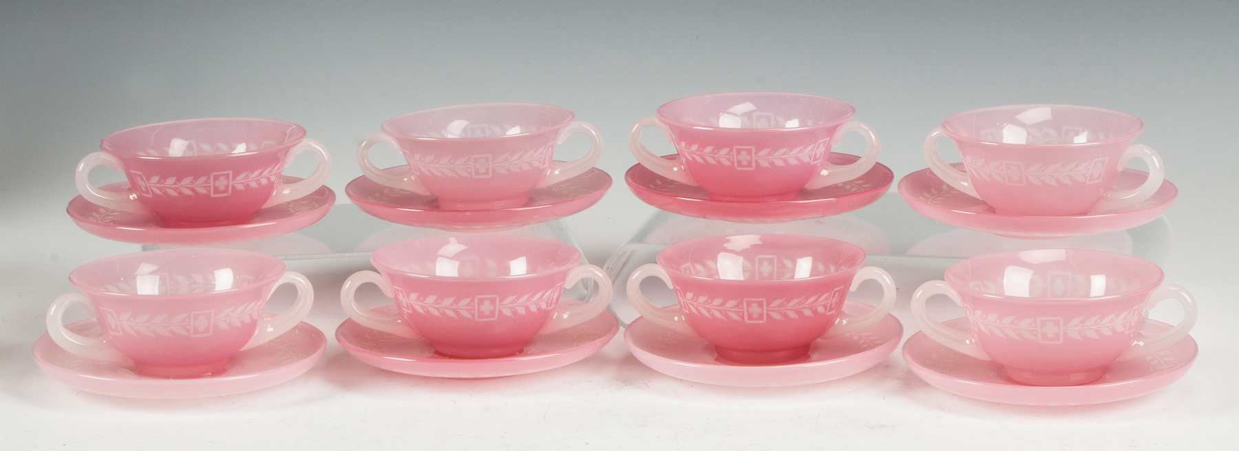 Appraisal: Steuben Engraved Rosaline Alabaster Sherbet Cups Saucers Early th cent