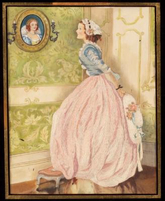 Appraisal: A silk needlework picture depicting a young lady viewing a