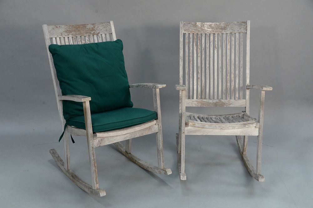 Appraisal: Pair Rockwood teak outdoor rockers with custom cushions ht wd